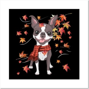 Maple Dog Leaf Fall Hello Autumn Funny Boston Terrier Lover Posters and Art